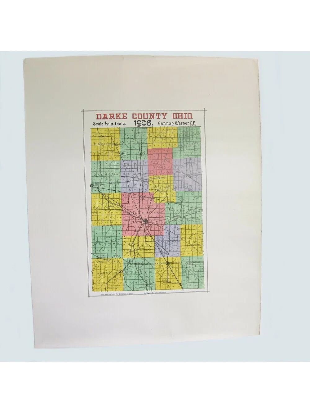 Antique 1908 Darke County Ohio Map, LARGE Railroad & Township Color Map 27x22 A